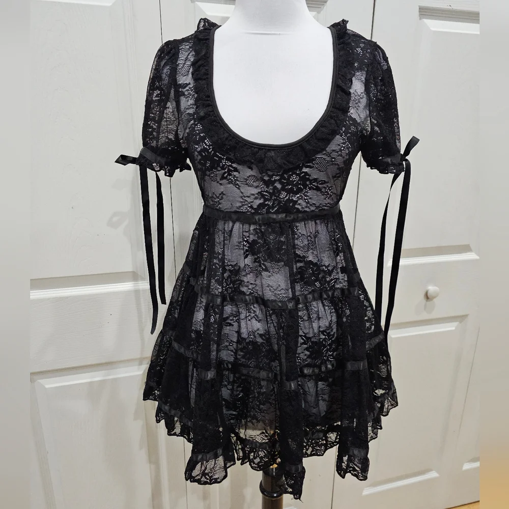 Dolls Kill Sexy Goth Lace House On The Hill Little Black Babydoll Mini Dress S - Picture 13 of 14